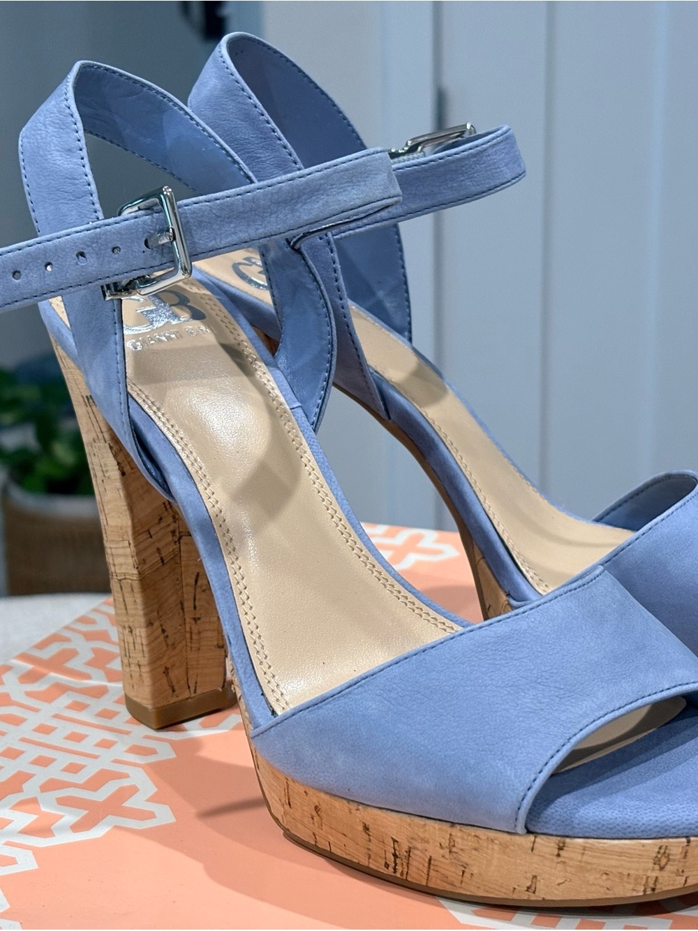 Gianni Bini Light Blue Suede Cork Block Heel Sandals